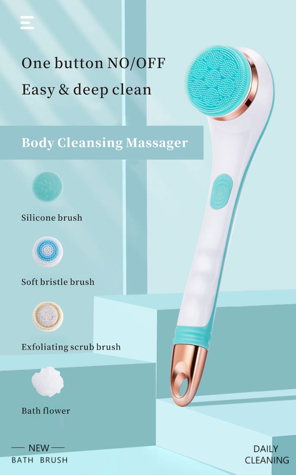 Cordless Body Scrubber Rechargeable Long Handle Bath Brush 