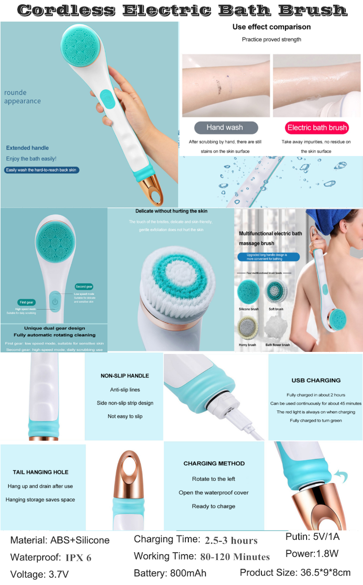 Cordless Body Scrubber Rechargeable Long Handle Bath Brush 