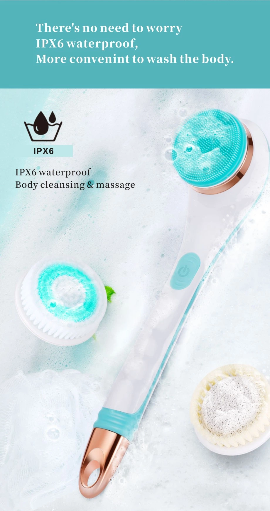 OEM Auto Bubble USB Rechargeable Waterproof Exfoliate Clean Long Handel Back Scrubber Bath Shower Mssage  Electric Bathroom Scrubber