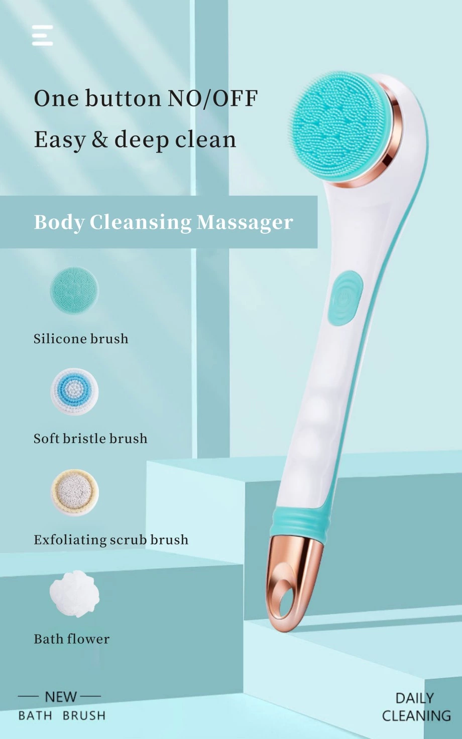 OEM Auto Bubble USB Rechargeable Waterproof Exfoliate Clean Long Handel Back Scrubber Bath Shower Mssage  Electric Bathroom Scrubber