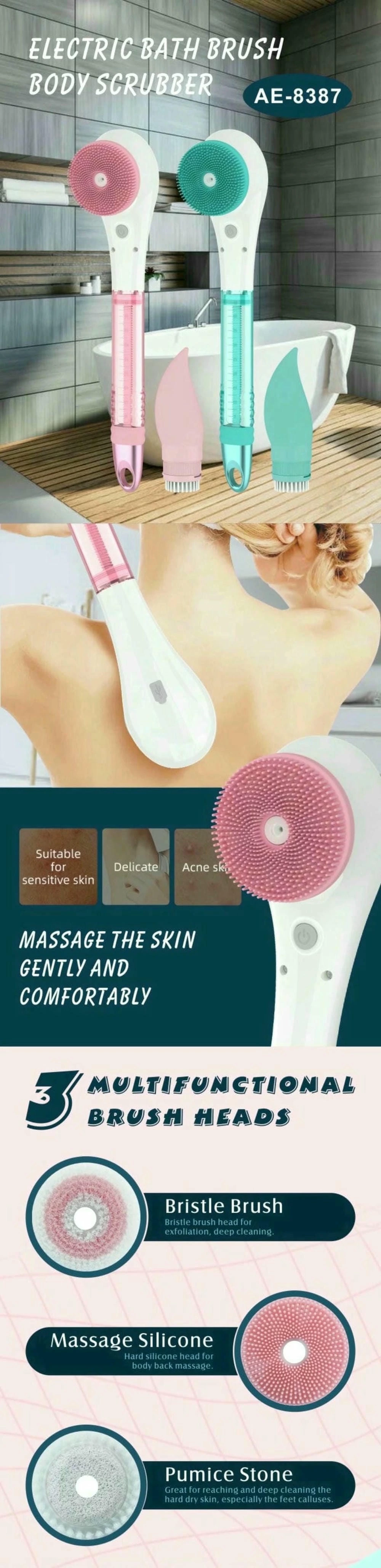 OEM Auto Bubble USB Rechargeable Waterproof Exfoliate Clean Long Handel Back Scrubber Bath Shower Mssage Electric Body Brush electric bath brush